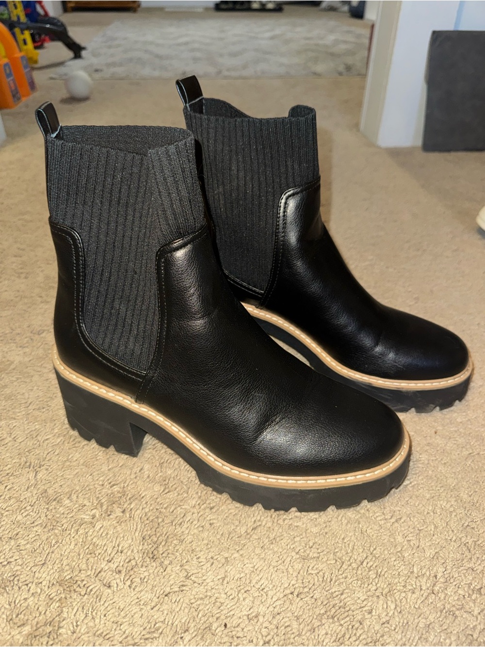 Dolce Vita Black Leather Chelsea Lug Boots with Ribbed Ankle